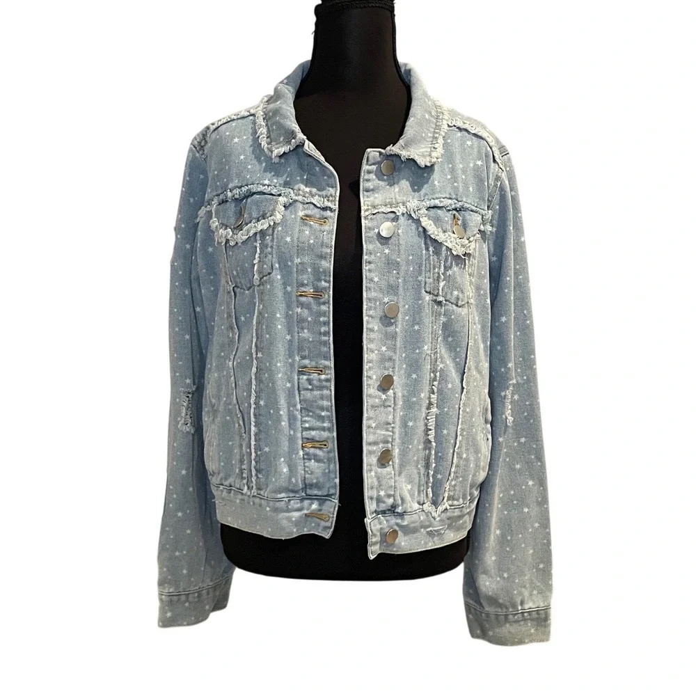 POL Oversized Light Wash‎ Denim Jacket Stars Distressed Frayed Collar S Festival